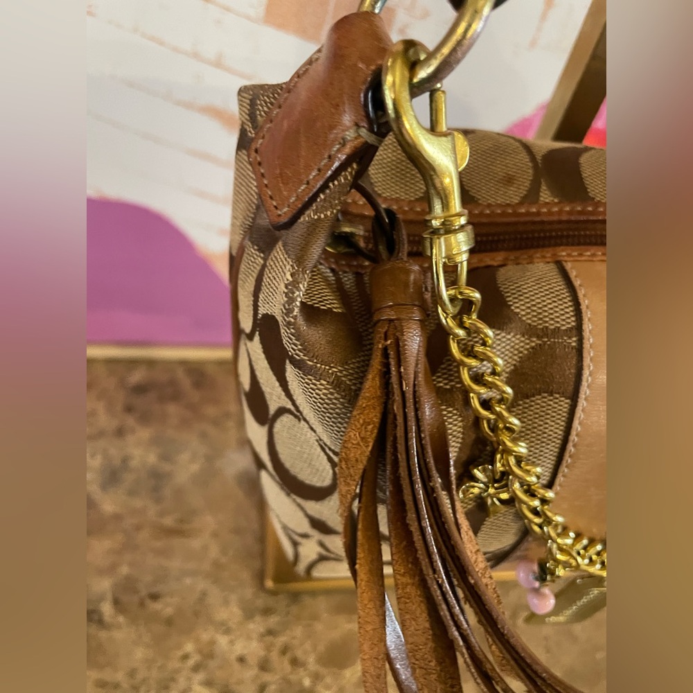 COACH Vintage Signature C Brown Mini Bag W/Tassel Upcycled Junk Gypsea Bag Chain - Picture 5 of 17